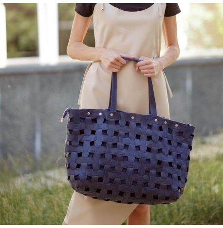 Женская кожаная плетеная сумка «Пазл XL» (темно-синяя) кожа Crazy Horse