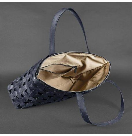 Женская кожаная плетеная сумка «Пазл XL» (темно-синяя) кожа Crazy Horse