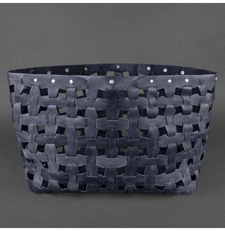 Женская кожаная плетеная сумка «Пазл XL» (темно-синяя) кожа Crazy Horse