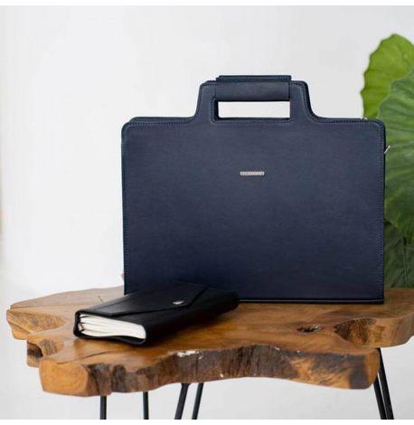 Шкіряна сумка для ноутбука та документів (темно-синя)
