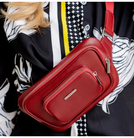 Шкіряна поясна сумка-бананка «Трапеція» (червона)