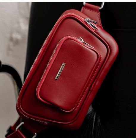 Шкіряна поясна сумка-бананка «Трапеція» (червона)