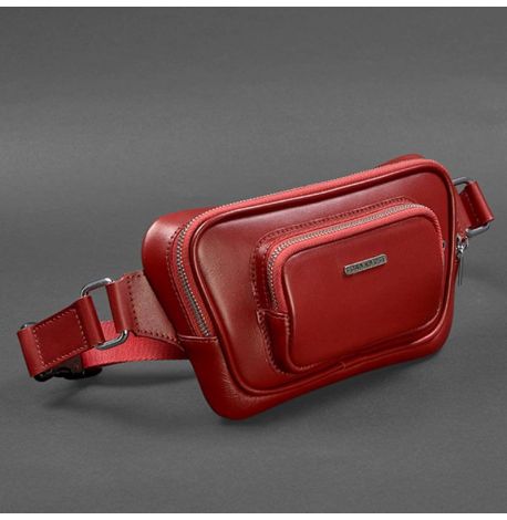 Шкіряна поясна сумка-бананка «Трапеція» (червона)