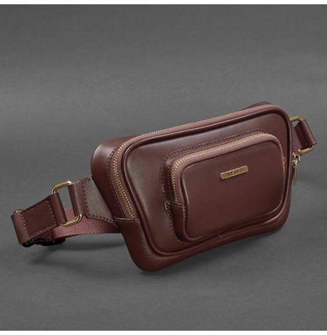 Шкіряна поясна сумка-бананка «Трапеція» (бордова)