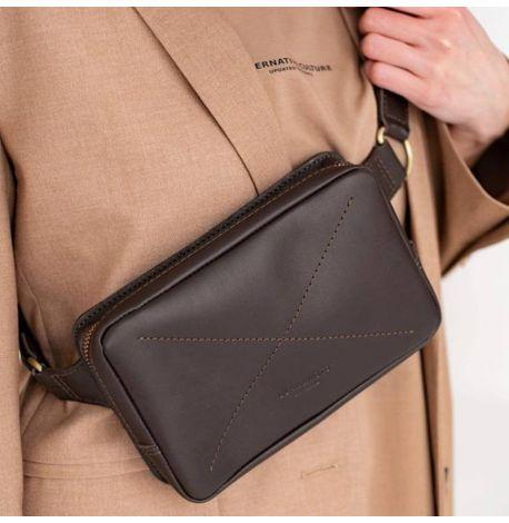 Поясна сумка-бананка Dropbag шкіряна (темно-коричнева) шкіра Krast