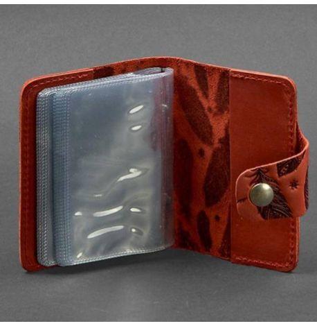 Шкіряна візитниця 7.1 з пір'ями (коралова)