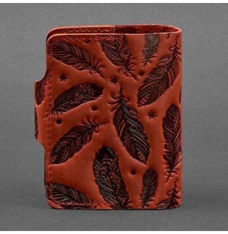 Шкіряна візитниця 7.1 з пір'ями (коралова)