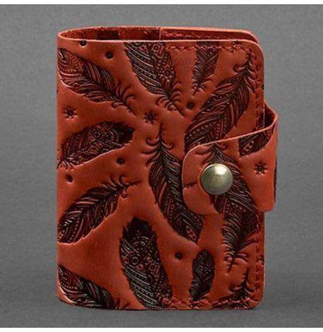 Шкіряна візитниця 7.1 з пір'ями (коралова)