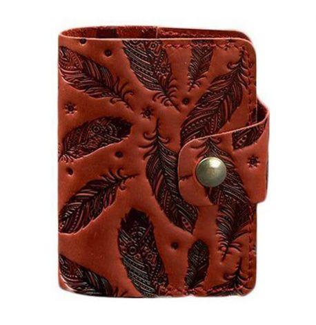 Шкіряна візитниця 7.1 з пір'ями (коралова)