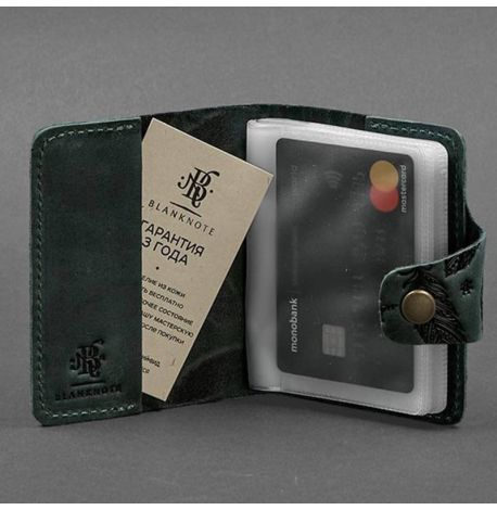 Кожаная визитница 7.1 с перьями (зеленая)