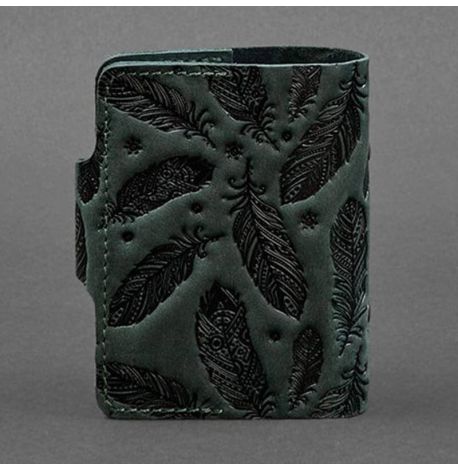 Кожаная визитница 7.1 с перьями (зеленая)