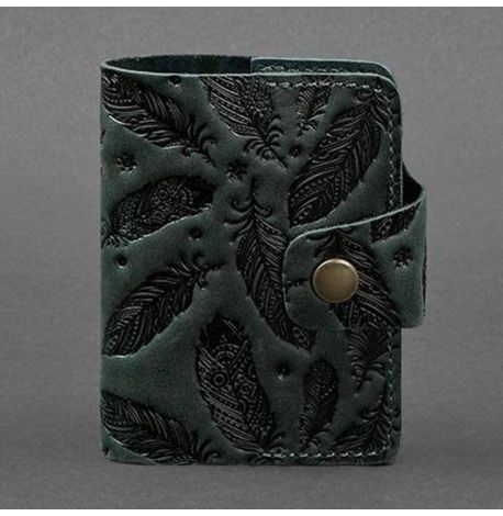 Кожаная визитница 7.1 с перьями (зеленая)