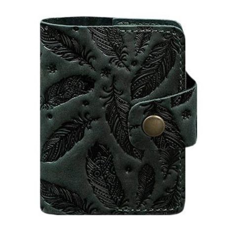 Кожаная визитница 7.1 с перьями (зеленая)