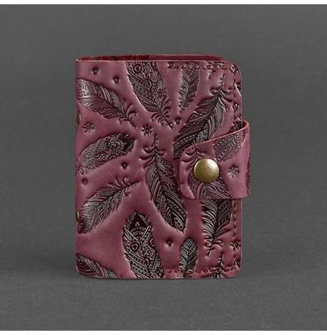 Шкіряна візитниця 7.1 з пір'ями (бордовий)
