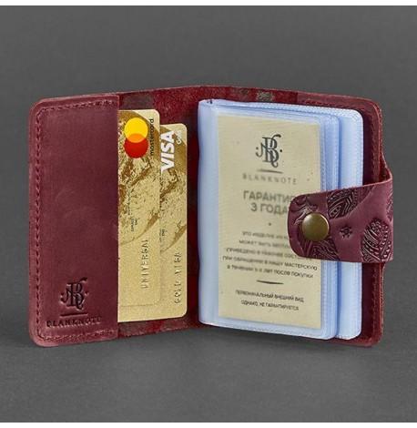 Шкіряна візитниця 7.1 з пір'ями (бордовий)