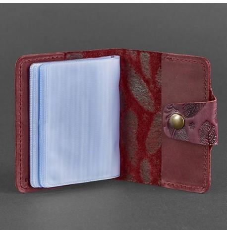 Шкіряна візитниця 7.1 з пір'ями (бордовий)