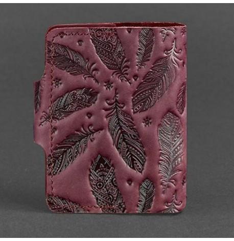 Шкіряна візитниця 7.1 з пір'ями (бордовий)