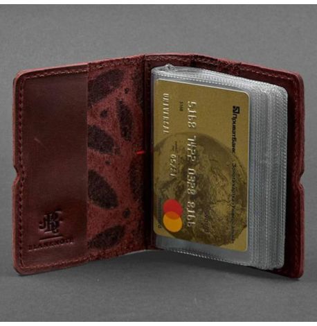 Кожаная визитница 7.0 с перьями (бордовая)