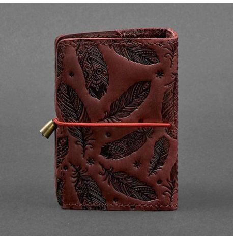 Кожаная визитница 7.0 с перьями (бордовая)