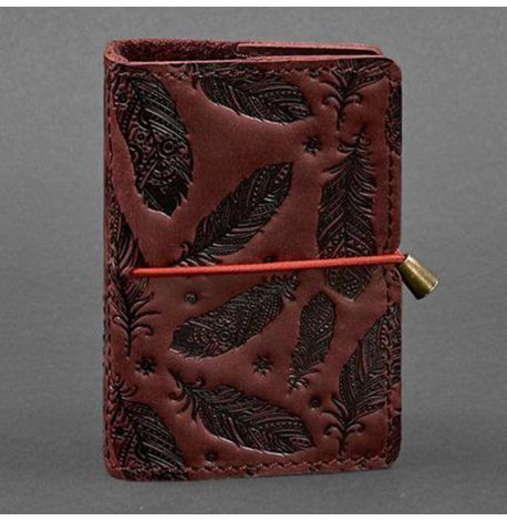 Кожаная визитница 7.0 с перьями (бордовая)