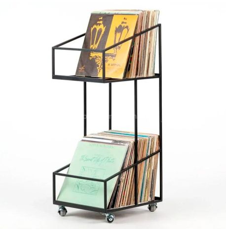 Двухъярусный контейнер для виниловых пластинок на колесиках (черный)