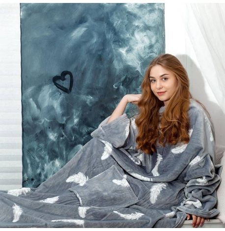 Плед с рукавами из микрофибры «Перья на сером» 200х160 см