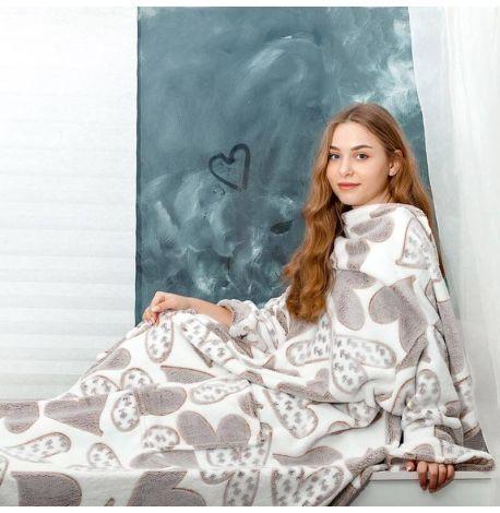 Плед с рукавами из микрофибры «Сердечки на белом» 200х160 см