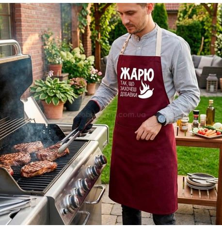 Мужской фартук «Жарю так, що захочеш добавки» (бордовый)