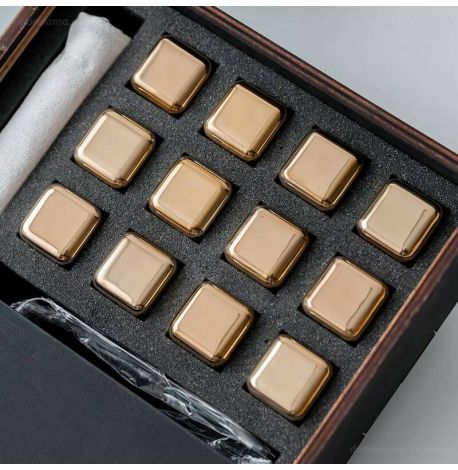 Стальные кубики для охлаждения виски WS в деревянной коробке (12 шт.), золотистые