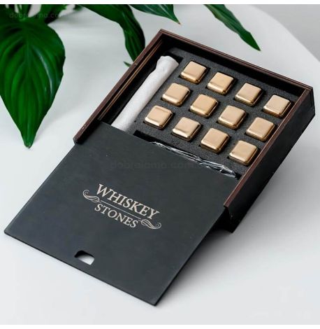 Стальные кубики для охлаждения виски WS в деревянной коробке (12 шт.), золотистые