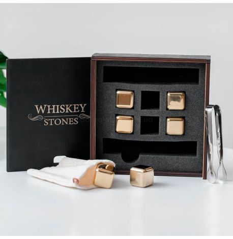 Стальные кубики для охлаждения виски WS в деревянной коробке (6 шт.), золотистые
