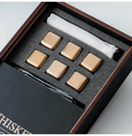 Стальные кубики для охлаждения виски WS в деревянной коробке (6 шт.), золотистые