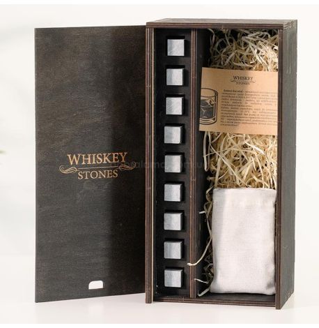 Набор 9-ти камней для виски WS в деревянной коробке с местом для бутылки