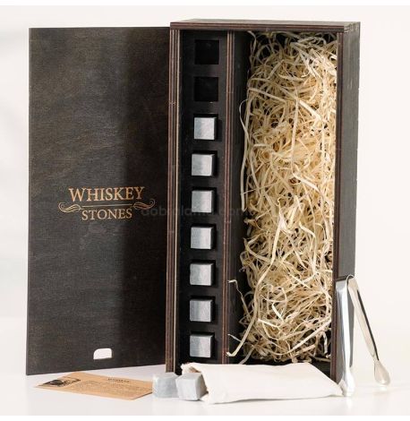 Набор 9-ти камней для виски WS в деревянной коробке с местом для бутылки