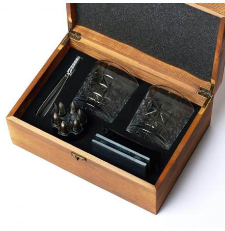 Набір для віскі (2 склянки, 6 куль для віскі, 2 багаття, щипці) у дерев'яній коробці