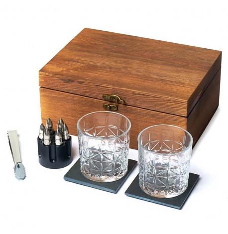 Набір для віскі (2 склянки, 6 куль для віскі, 2 багаття, щипці) у дерев'яній коробці