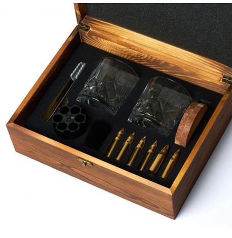 Набір для віскі "Золото" (2 склянки, 6 куль для віскі, 2 костери, щипці) у дерев'яній коробці