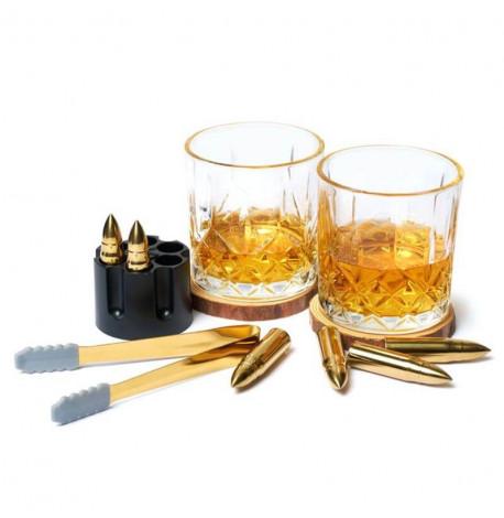Набір для віскі "Золото" (2 склянки, 6 куль для віскі, 2 костери, щипці) у дерев'яній коробці