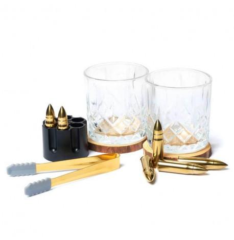 Набір для віскі "Золото" (2 склянки, 6 куль для віскі, 2 костери, щипці) у дерев'яній коробці