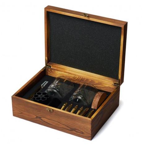 Набір для віскі "Золото" (2 склянки, 6 куль для віскі, 2 костери, щипці) у дерев'яній коробці