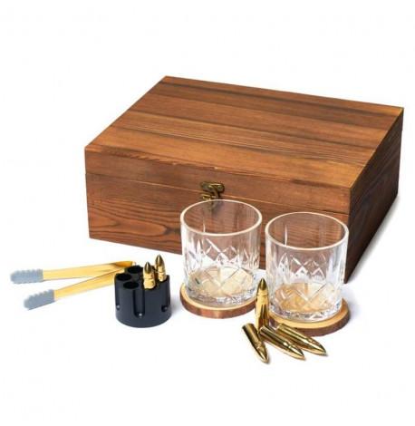 Набір для віскі "Золото" (2 склянки, 6 куль для віскі, 2 костери, щипці) у дерев'яній коробці