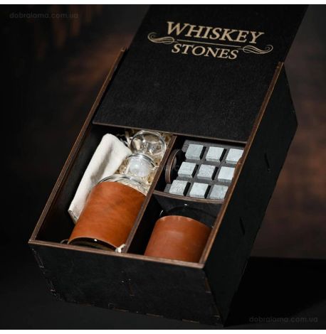 Набір для віскі Larus Leather №7 (2 склянки, графін, 9 каменів для віскі, щипці, мішечок)