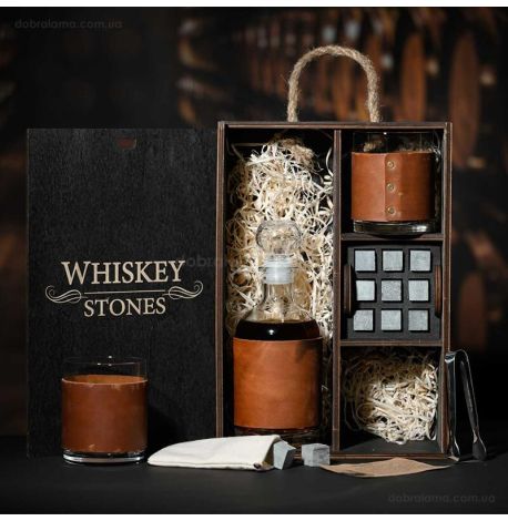 Набір для віскі Larus Leather №7 (2 склянки, графін, 9 каменів для віскі, щипці, мішечок)
