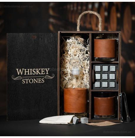 Набір для віскі Larus Leather №7 (2 склянки, графін, 9 каменів для віскі, щипці, мішечок)