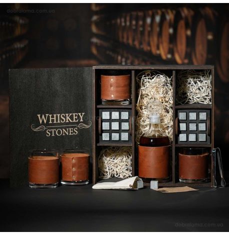 Набор для виски Larus Leather №8 (4 стакана, графин, 18 камней для виски, щипцы, мешочек)