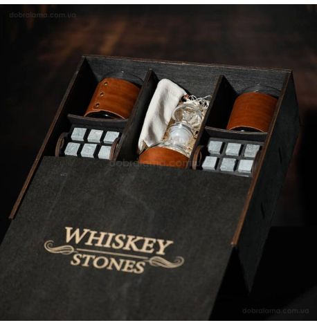 Набор для виски Larus Leather №8 (4 стакана, графин, 18 камней для виски, щипцы, мешочек)
