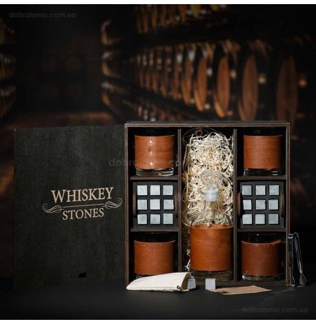 Набор для виски Larus Leather №8 (4 стакана, графин, 18 камней для виски, щипцы, мешочек)