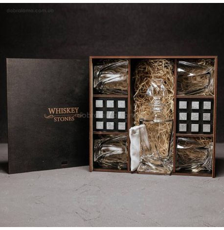Набор для виски Quadro №8 (4 стакана, графин, 18 камней для виски, щипцы, мешочек)