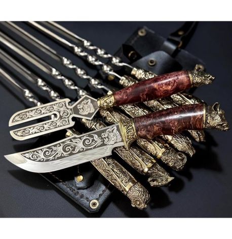 Набір шампурів "Дикі звірі" з ножем і виделкою (в шкіряному сагайдаку)