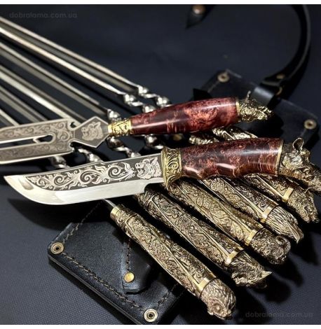 Набір шампурів "Дикі звірі" з ножем і виделкою (в шкіряному сагайдаку)